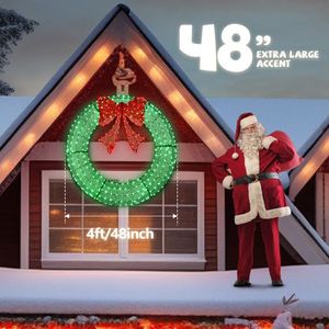 พวงหรีดคริสต์มาสกลางแจ้งแบบมีไฟ LED ขนาด 48 นิ้ว พร้อมตกแต่งโบว์  สำหรับตกแต่งบ้านภายนอกและสวน  ไฟสีเขียว/แดง 315 ดวง - Product Image 5