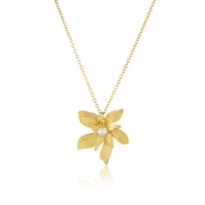 18K Gold Plated 925 Sterling Silver Flower <b>Necklace</b> with Pearl, Textured Lily Pendant Botanical <b>Statement</b> Jewelry - Product Image 1