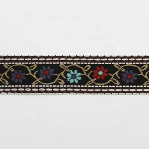 Custom 2" Polyester Thin Tribal Flower Embroidery Ribbon Trim 50mm Wide Black Ethnic Webbing Tape For Clothing