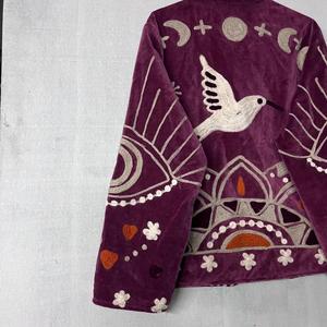 Elegant <b>Purple</b> <b>Velvet</b> Embroidered Suzani Jacket With Floral And Bird Pattern Full Sleeve Stand Collar Bohemian Women Winter Coat - Product Image 5