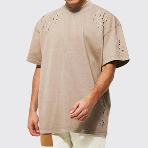 เสื้อยืดคอกลมผ้าคอตตอนหนาน้ำหนักมาก พิมพ์โลโก้ได้ตามต้องการ สำหรับผู้ชาย ผ้าคอตตอน 100% ทรงไหล่ตก ดีไซน์แบบดิสเทรส - Product Image 1