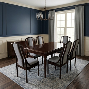 Ensemble de table à manger en teck massif avec 6 chaises à dossier haut rembourrées, en acajou foncé, rectangulaire, classique, suite de salle à manger formelle - Product Image 5