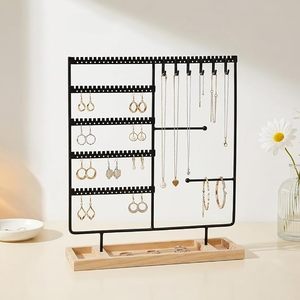 Organizador de Joyas con Soporte de Madera, Expositor Multicapa para Pendientes y Collares con Ganchos, Bandeja de Almacenamiento para Anillos y Relojes - Product Image 1