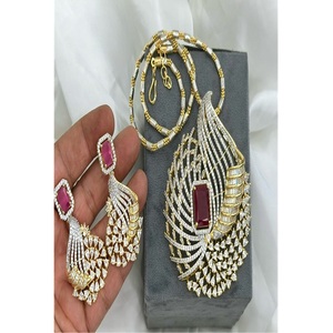 <b>Pretty</b> Premium Quality Gold Plated Zircon Trendy Strand Pendant Necklace Set with <b>Earrings</b> for Women Party Wear - Product Image 1