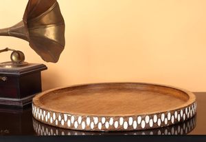 Plateau décoratif pour la décoration de la maison, plateau de service en bois à bordure blanche, forme circulaire, plateau décoratif de haute qualité pour la restauration - Product Image 2