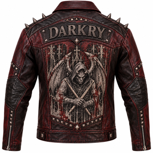 Mens Red Black Distressed Leather Jacket Gothic Reaper Printed <b>Studded</b> Spiked Biker Coat Custom Factory OEM Wholesale Outerwear - Product Image 2