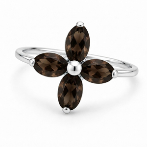 Bague tendance en argent sterling plaqué rhodium avec quartz fumé taille fleur serti de griffes pour femme - Rhaya Jewels - Product Image 2