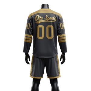 Conjunto de Camiseta y Pantalones Cortos de Hockey sobre Hielo Sublimados en Negro y Dorado para Hombre, Cuello en V, Poliéster, Uniforme de Equipo Estampado, Ropa Deportiva de Entrenamiento - Product Image 2