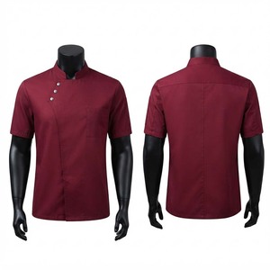 Men <b>Chef</b> <b>Jacket</b> 200 GSM Polycotton Burgundy Short Sleeve Mandarin Collar Custom Logo Embroidery Kitchen Workwear Uniform - Product Image 1