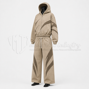 Conjunto Deportivo Unisex Beige con Capucha, Manga Larga, Patrón Geométrico, Corte Holgado, Ropa Casual de Otoño con Pantalones con Cordón - Product Image 3