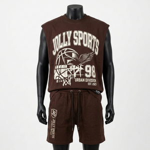 Ensemble t-shirt et short sans manches en coton French Terry premium 240 GSM pour homme, marron, streetwear, impression de logo personnalisée - Product Image 1