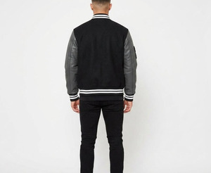 Blouson universitaire noir pour homme avec broderie hibou, manches en PU, manteau décontracté d'automne, col rabattu, simple boutonnage - Product Image 4