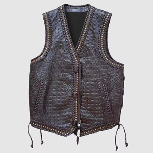 Gilet sans manches en cuir véritable pour homme, style motard, couleur unie, décoration à rivets, vêtement d'extérieur d'automne, coupe classique - Product Image 6