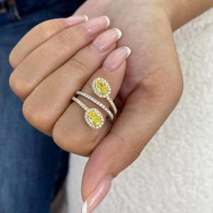 Fancy Yellow Oval Cut Diamond Wrap <b>Ring</b> in Yellow Gold with Double Halo Setting, Pavé Diamond Band and <b>Open</b> Spiral Design - Product Image 4