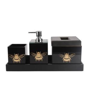 Juego de Accesorios de Baño de Lujo de 4 Piezas en Cuero Negro Ecológico con Estampado de Abejas y Bandeja - Product Image 1