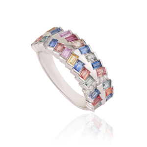 Hot Selling 925 Sterling <b>Silver</b> Double Row Geometric Design Multi Sapphire & Diamond Half Eternity <b>Band</b> <b>Ring</b> - Product Image 1