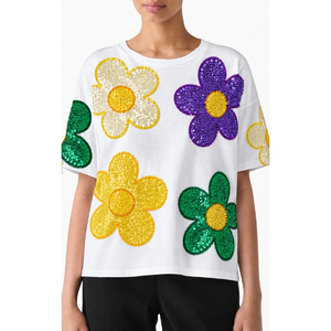 เสื้อยืดโอเวอร์ไซส์ผ้าฝ้ายสีครีมสำหรับผู้หญิง ดีไซน์ไหล่ตก ทรงหลวม ปักลายมาร์ดิกราส์ แขนสั้น - Product Image 5