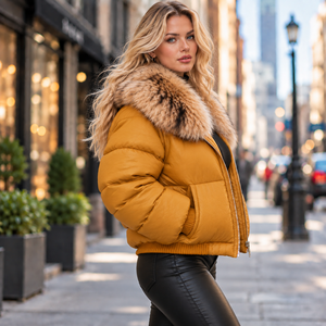 Veste matelassée en cuir véritable pour femme, à fines rayures jaunes, avec fermeture éclair et col en fourrure de renard, coupe-vent d'hiver, style streetwear - Product Image 3