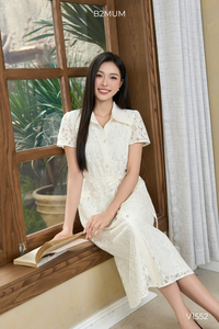 Vestido de encaje con corte en A B2 MUM V1552, escote puntiagudo, doble capa, material de encaje suave y elástico, estampado floral, transpirable - Product Image 3