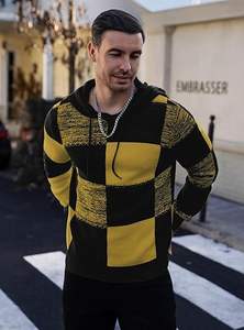 Sweat à capuche pour homme brodé à motif damier color-block, tricot gaufré texturé, 100 % coton, coupe oversize - Product Image 3