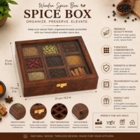 Boîte à épices en bois avec compartiments |   Organisateur d'assaisonnements aux herbes Masala |   Conteneur de rangement de cuisine durable |   Cuisine traditionnelle