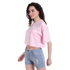เสื้อครอปแขนสั้นคอกลมสีชมพูสำหรับผู้หญิง ผ้าฝ้ายเจอร์ซีย์ 100% ทรงหลวม สวมใส่สบาย สีพื้น สำหรับฤดูใบไม้ผลิและฤดูร้อน - Product Image 3