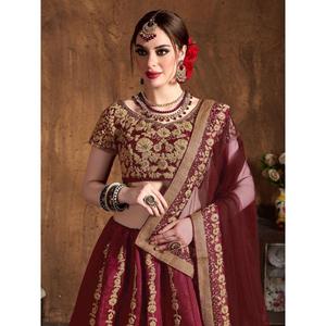 Lehenga Choli en soie brute brodée marron envoûtante avec Dupatta - Product Image 4
