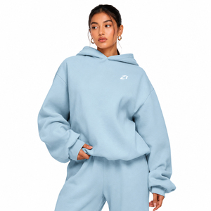 Sweat-shirt à capuche en molleton bleu clair surdimensionné pour femme avec logo frontal, épaules tombantes, manches longues, couleur unie, vêtement d'automne ODM - Product Image 1