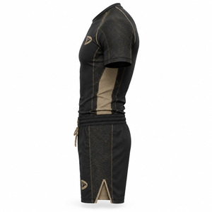 Men's Black MMA Training Kit Fitted Quick Dry <b>Polyester</b> Shorts and Shirt with Gold Logo Print Martial Art Training Set - Product Image 4