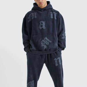 Survêtement à capuche bleu foncé pour homme, manches longues, broderie de lettres, streetwear, coupe ample, coton, vêtements d'automne - Product Image 4