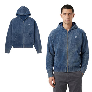 เสื้อฮู้ดซิปวินเทจผ้าฝ้ายฟลีซสำหรับผู้ชาย พิมพ์โลโก้ได้ตามต้องการ สีน้ำเงิน สไตล์สตรีทแวร์ ซิปเต็มตัว ผลิตภายใต้แบรนด์ของคุณเอง - Product Image 1