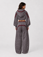 Setelan Olahraga Wanita 2 Potong Motif Leopard Grafit, Hoodie Pendek & Celana Kaki Lebar, Streetwear Kasual untuk Wanita