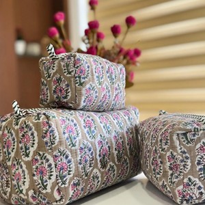 Bohemian Embroidered Cotton Cosmetic Toiletry <b>Bag</b> Set Quilted Makeup Pouch Portable Zipper Closure Medium Size 3-Piece - Product Image 4