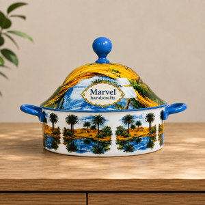 <b>Marvel</b> Handicrafts Landscape <b>Printed</b> Enamel Casserole with Lid Blue Handles Premium Serving Pot Decorative Kitchen Dining Table - Product Image 1