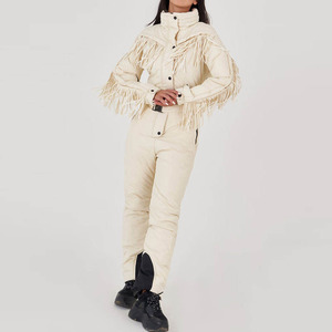 Custom Women Cream Beige One Piece Ski Suit With <b>Fringe</b> Tassel Details Belted Waist Snowsuit Women Slim Fit Jumpsuit Winter - Product Image 3