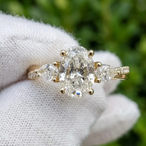 Sparkledge Creation LR-28 Durable 3CT Oval Lab Grown Diamond Three <b>Stone</b> Engagement <b>Ring</b> E VVS2 Pear Accent Gold IGI Certified - Product Image 2