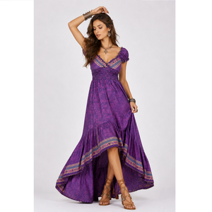 Recycled Silk Boho High Low <b>Maxi</b> <b>Dress</b> for Women V Neck Off Shoulder Styling Casual Party <b>Dress</b> Wholesale Bulk Export - Product Image 1