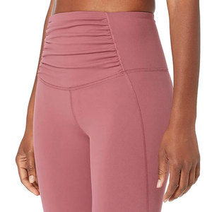 High Waist Ruched Yoga <b>Leggings</b> Full Length Solid Pink Spandex Nylon Tummy Control Shapewear Seamless Elastic Waist Pants - Product Image 6