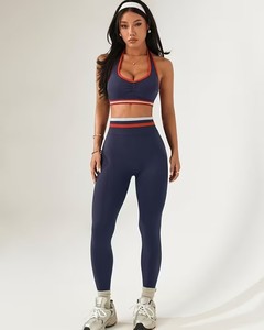 Seamless 2 Piece Gym Outfits Women Ruched Halter Sports Bra and Stripe Elastic High Waisted Scrunch Butt Lifting Leggings Set - Product Image 1