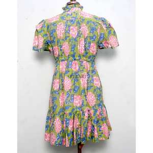 Women's Short-Length Soft Pure Cotton Midi <b>Dress</b> Hand Block Floral Print Minimalist Casual Party Wear Formal Sweet Natural - Product Image 6