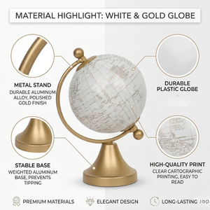 Globo Terráqueo Moderno para Escritorio, Mapa del Mundo en Negro y Plateado |   Trípode de Aluminio Dorado |   Globo Terráqueo Educativo para Decoración de Escritorio de Oficina y Mesa de Estudio - Product Image 2