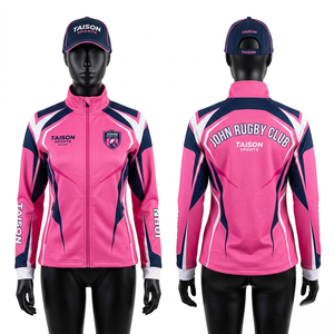 Premium 260 GSM Polyester Spandex Rugby Training <b>Jacket</b> <b>Pink</b> Navy White Panel Design Full Zip Custom Sublimation Logo - Product Image 1