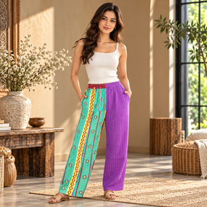 Artisan Kantha Quilted Cotton Patchwork <b>Trousers</b> | Bohemian Handmade Lightweight Breathable Elastic Waist Wide Leg <b>Summer</b> Casual - Product Image 3