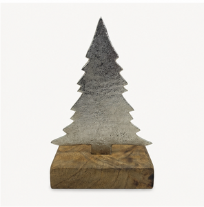 Handcrafted Silver Aluminium Cast Metal Christmas <b>Tree</b> With Solid Wooden Base Premium Rustic Holiday <b>Tabletop</b> Sculpture For Home - Product Image 3