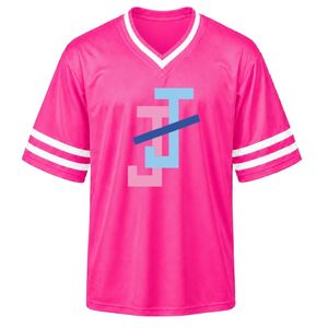 เสื้อกีฬาปักลาย JJ สีชมพูร้อน คอวี แขนสั้น ลายทางสีขาว เสื้อทีมกีฬาน้ำหนักเบา ชุดยูนิฟอร์มทีม - Product Image 1