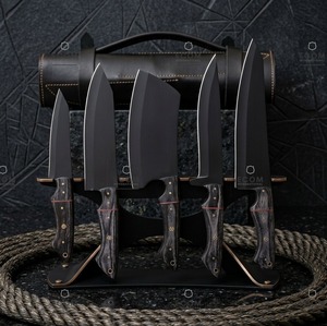 Ensemble de couteaux de chef en acier carbone forgé à la main, 5 pièces, couteaux de boucher avec manches en bois de rose ambidextres et sac en cuir - Product Image 4