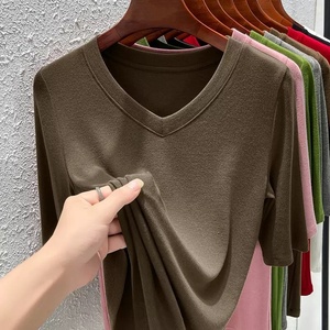 Camiseta Deportiva para Mujer, Corte Holgado, Ecológica, de Poliéster Oxford, Cuello en V, Transpirable, Tejido de Punto, Color Sólido, Diseño Simple - Product Image 3
