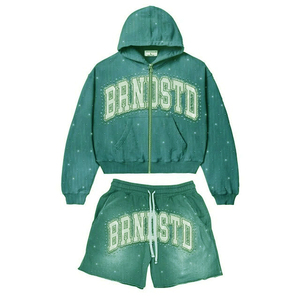 Popular Custom Logo Printed Acid Wash Zip Hoodie & Shorts Set Heavyweight 100% Cotton 400 GSM Fleece Hoodie & Shorts Sets - Product Image 4