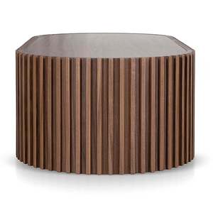 Mesa de Centro Moderna con Base de Madera Acanalada y Pedestal Hecho de Madera de Teca Sólida, Acabado Marrón Oscuro de Alta Calidad para Uso en Interiores - Product Image 3