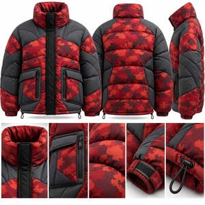 <b>Mens</b> Red Camouflage Puffer <b>Jacket</b> Quilted Winter Coat <b>Black</b> Red Camo Insulated Outdoor Fashion Full Zip Custom <b>Jacket</b> - Product Image 2